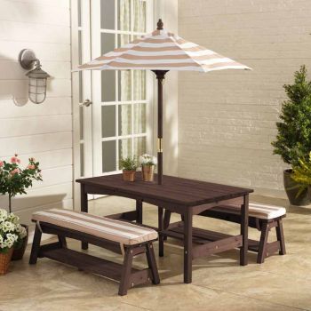 Outdoor Table & Bench Set with Cushions & Umbrella - Oatmeal & White Stripes - Children's Furniture