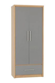 Seville 2 Door 1 Drawer Wardrobe - L47 x W76 x H180 cm - Grey High Gloss/Light Oak Effect Veneer