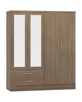 Nevada 4 Door 2 Drawer Mirrored Wardrobe - L52 x W154 x H182.5 cm - Rustic Oak Effect
