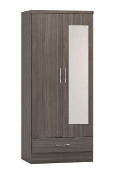 Nevada Mirrored 2 Door 1 Drawer Wardrobe - L52 x W78 x H182.5 cm - Black Wood Grain