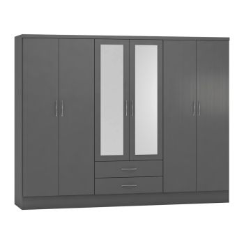 Nevada 6 Door 2 Drawer Mirrored Wardrobe - L52 x W230 x H182.5 cm - 3D Effect Grey