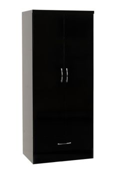 Nevada 2 Door 1 Drawer Wardrobe - L52 x W78 x H182.5 cm - Black Gloss