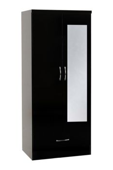 Nevada Mirrored 2 Door 1 Drawer Wardrobe - L52 x W78 x H182.5 cm - Black Gloss