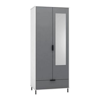 Madrid 2 Door 1 Drawer Mirrored Wardrobe - L52 x W81 x H196 cm - Grey/White Gloss