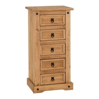 Corona 5 Drawer Narrow Chest - L39 x W53 x H104 cm - Distressed Waxed Pine