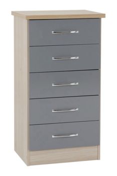 Nevada 5 Drawer Narrow Chest - L40 x W50 x H93 cm - Grey Gloss/Light Oak Effect Veneer