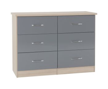 Nevada 6 Drawer Chest - L46 x W120 x H89.5 cm - Grey Gloss/Light Oak Effect Veneer