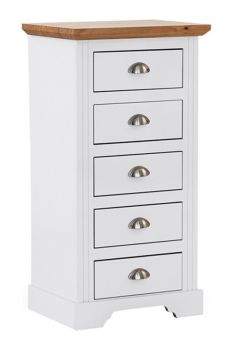 Toledo 5 Drawer Narrow Chest - L40 x W52.5 x H102 cm - White/Oak Effect