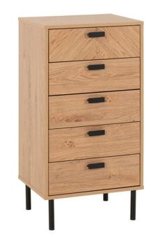 Leon 5 Drawer Narrow Chest - L40 x W48.5 x H93.5 cm - Medium Oak Effect