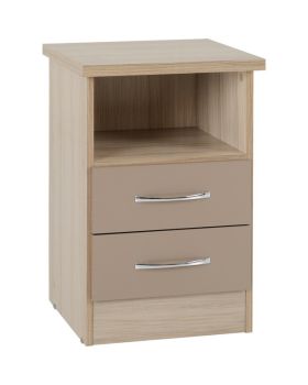 Nevada 2 Drawer Bedside - L40 x W40 x H61 cm - Oyster Gloss/Light Oak Effect Veneer