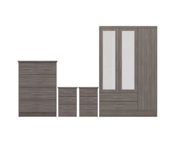 Nevada 3 Door 2 Drawer Mirrored Wardrobe Bedroom Set - Black Wood Grain