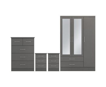 Nevada 3 Door 2 Drawer Mirrored Wardrobe Bedroom Set - 3D Effect Grey