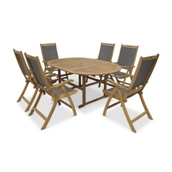 Turnbury 6 Seater Dining Set with Folding High Back Armchairs and Round Extending Table - Acacia Hardwood