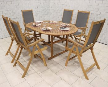 Turnbury 6 Seater Dining Set with Folding High Back Armchairs and Round Extending Table - Acacia Hardwood