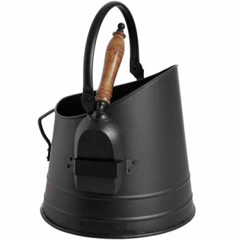 Coal Bucket with Teak Handle Shovel - Steel - L22 x W25 x H28 cm - Black