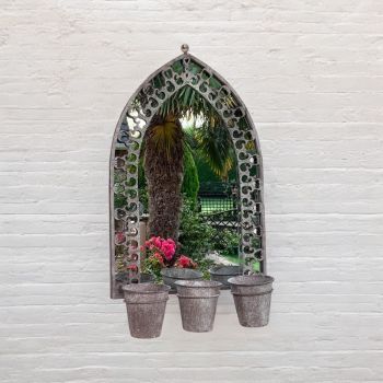 Rusty Wall Mirror with Triple Planter - Distressed Metal - L15 x W45 x H78 cm - Light Grey