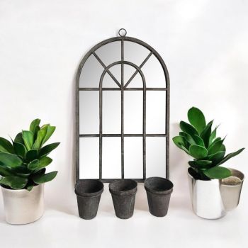 Rusty Wall Mirror with Triple Planter - Distressed Metal - L5 x W45 x H78 cm