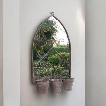 Rusty Wall Mirror with Triple Planter - Distressed Metal - L15 x W45 x H78 cm