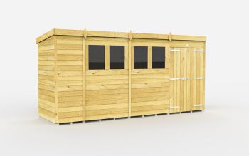 14 x 4 Feet Pent Shed - Double Door With Windows - Wood - L118 x W417 x H201 cm