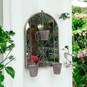 Wall Mirror with Triple Planter for Garden Décor - Distressed Metal - L15 x W45 x H78 cm