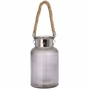Lantern with Rope Detail and Interior LED - Frosted Glass/Rope - L14 x W14 x H26 cm - Grey