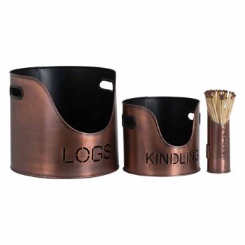 Logs and Kindling Buckets and Matchstick Holder - Metal - L34 x W34 x H32 cm - Copper