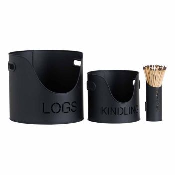 Logs and Kindling Buckets and Matchstick Holder - Metal - H32 cm - Black