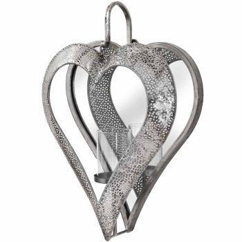 Heart Mirrored Tealight Holder in Large - Glass/Metal - L12 x W33 x H48 cm - Antique Silver