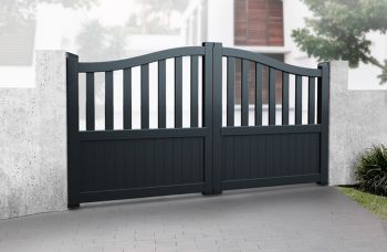 Double Swing Gate 3000x2000mm Black - Partial Privacy Driveway Gate with Vertical Solid Infill and Bell-Curved Top