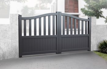 Double Swing Gate 4000x1800mm Grey - Partial Privacy Driveway Gate with Vertical Solid Infill and Bell-Curved Top