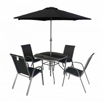 RIO 4 Seater Set - 96.5cm Black glass table, 4 x stacking textilene armchairs including parasol