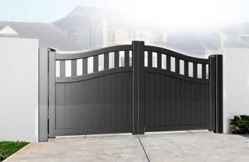 Double Swing Gate 3250x2200mm Black - Vertical Solid Infill and Bell-Curved Top Full Privacy Driveway Gate