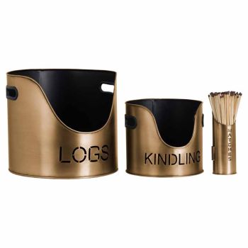 Logs and Kindling Buckets and Matchstick Holder - Metal - H32 cm - Bronze