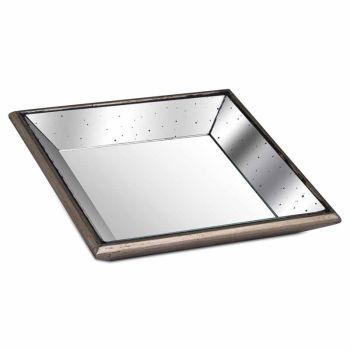 Astor Distressed Mirrored Square Tray W/Wooden Detailing Sml - Glass - L32 x W32 x H5 cm - Brown/Gold