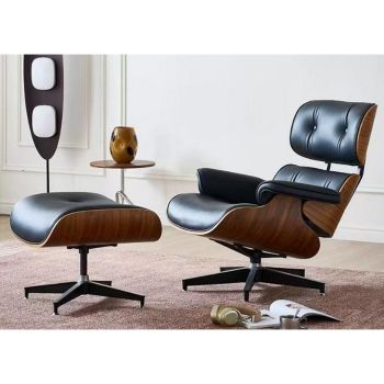 Eames Replica Chair with Stool - Leather - L70 x W64 x H105 cm - Black