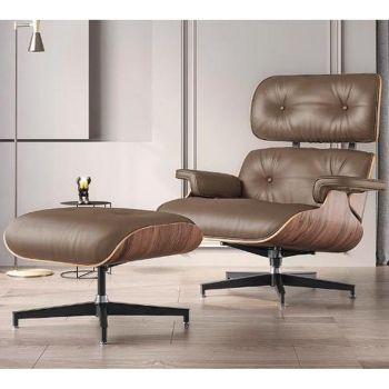 Eames Replica Chair with Stool - Leather - L70 x W64 x H105 cm - Brown