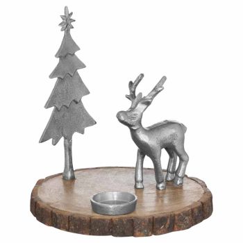 Stag And Tree Log Slice Candle Holder - Decorative - L23 x W23 x H26 cm
