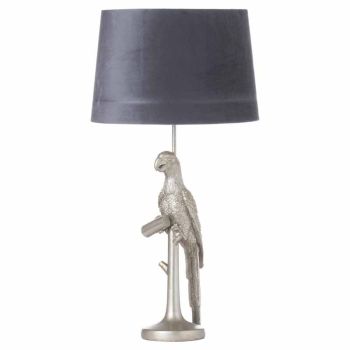 Percy The Parrot Table Lamp with Grey Velvet Shade - Resin - L38 x W38 x H74 cm - Silver