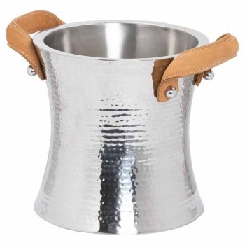 Handled Ice Bucket - Leather/Metal - L22 x W27 x H30 cm - Silver