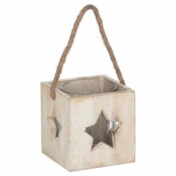 Washed Star Tealight Candle Holder - Wood - L8 x W8 x H10 cm - White