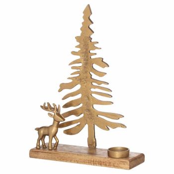Large Cast Tree and Stag Candle Holder Ornament - Metal/Wood - L10 x W30 x H40 cm - Silver