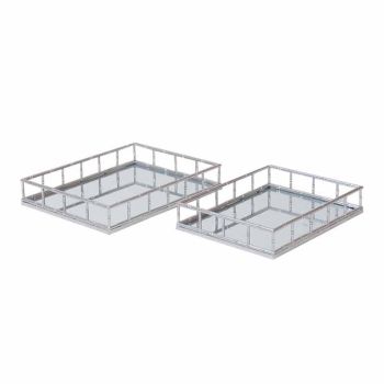 Set of 2 Detailed Rectangular Trays - Metal/Glass - L37 x W48 x H8 cm - Silver
