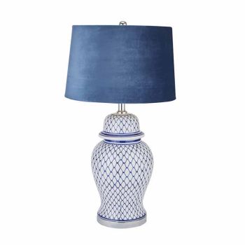 Malabar Ceramic Lamp with Velvet Shade - Ceramic - L41 x W41 x H76 cm - Blue/White
