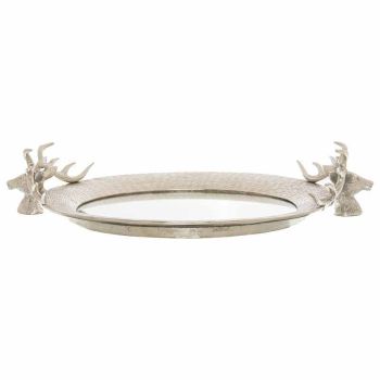 Large Mirrored Tray with Stag Heads - Glass/Metal - L35 x W56 x H12 cm - Silver