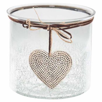 Smoked Midnight Crackled Heart Large Candle Holder - Glass - L16 x W16 x H15 cm - Grey