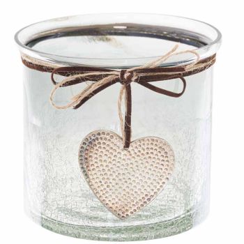 Smoked Midnight Crackled Heart Candle Holder - Glass - L11 x W11 x H10 cm - Grey