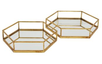 Hexagon Set of Two Trays - Glass/Metal - L43 x W50 x H9 cm - Gold
