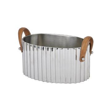 Large Fluted Leather Handled Champagne Cooler-Ice Bucket - Leather/Metal - L22 x W37 x H22 cm - Silver
