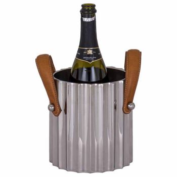 Silver Fluted Leather Handled Single Champagne Cooler - L20 x W17 x H23 cm