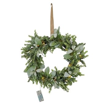 LED Winter Wreath with Eucalyptus and Lambs Ear - Plastic - L41 x W41 x H60 cm - Green